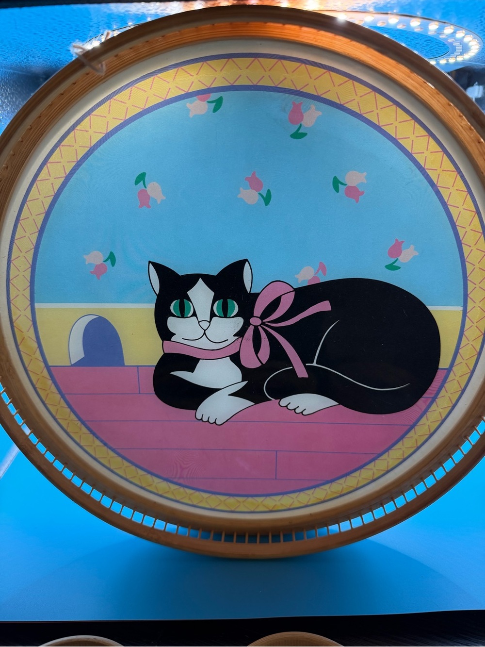 Serving Tray Vintage 1970s bamboo & 6 coasters w/tuxedo Cat